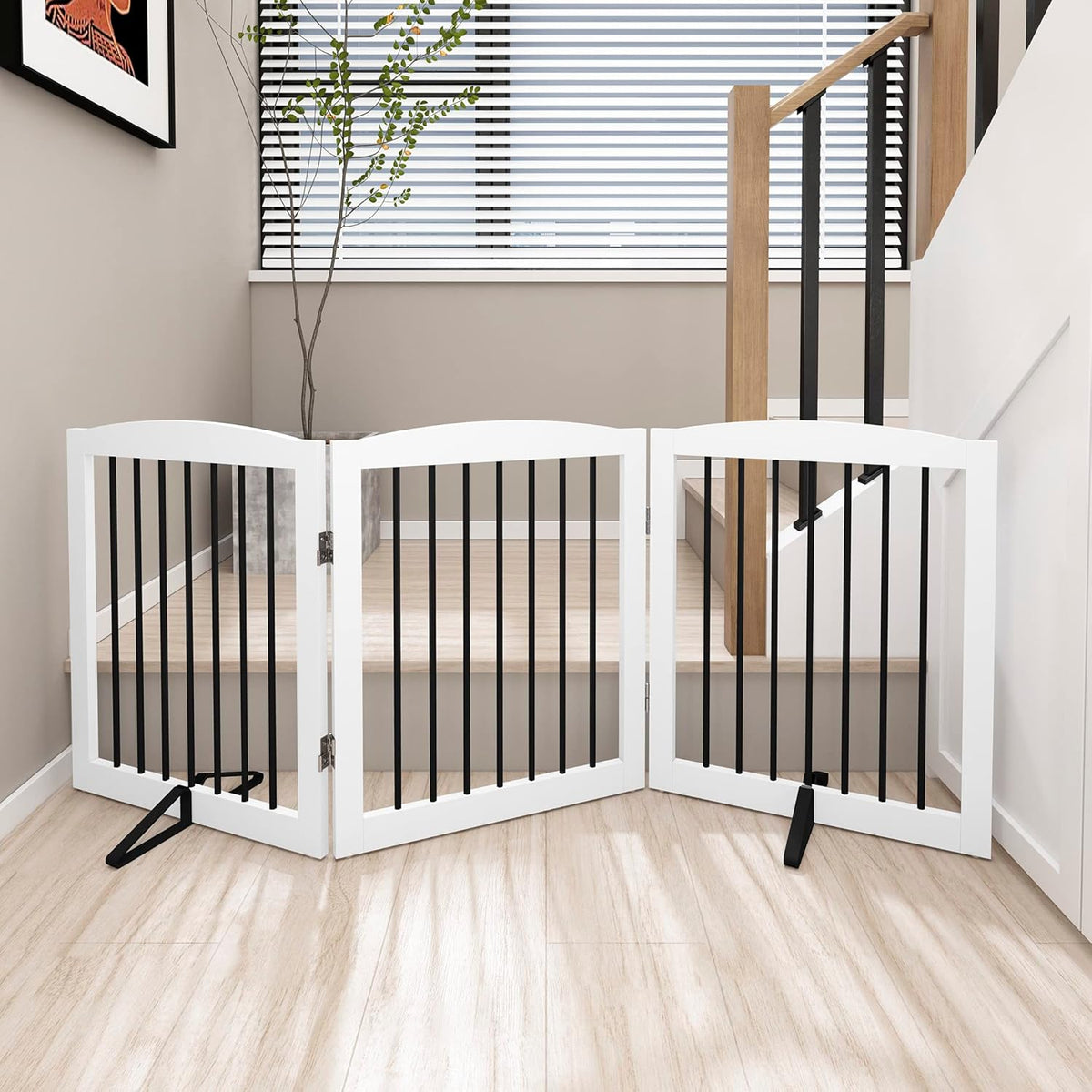 Freestanding Wooden Pet Gate for House, Foldable Indoor Dog Gate for Doorways, Stairs - 24" Height