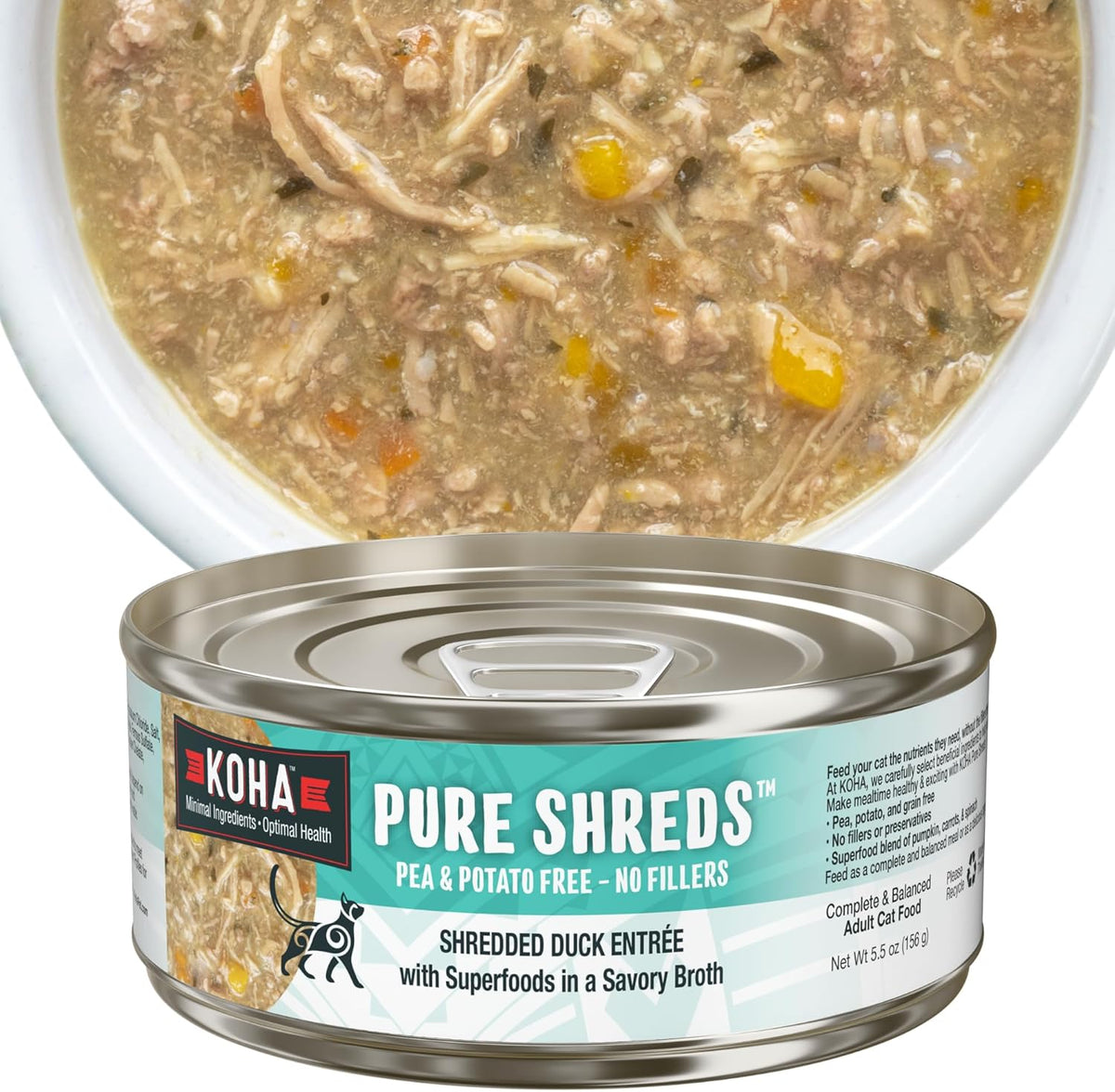 KOHA Pure Shreds Duck Entrée for Cats, Single Meat High Protein Wet Cat Food, 5.5oz Cans (Pack of