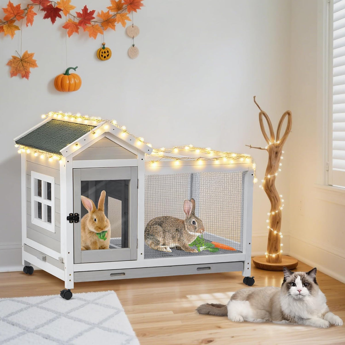 Wooden Rabbit Hutch with Waterproof Roof,Outdoor/Indoor Bunny Cage with Removable Slide-Out Bottom