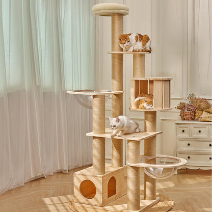 Modern Multi-Level Large Real Solid Wood Cat Tree, Luxury Wooden Cat Tower Cat Condo with