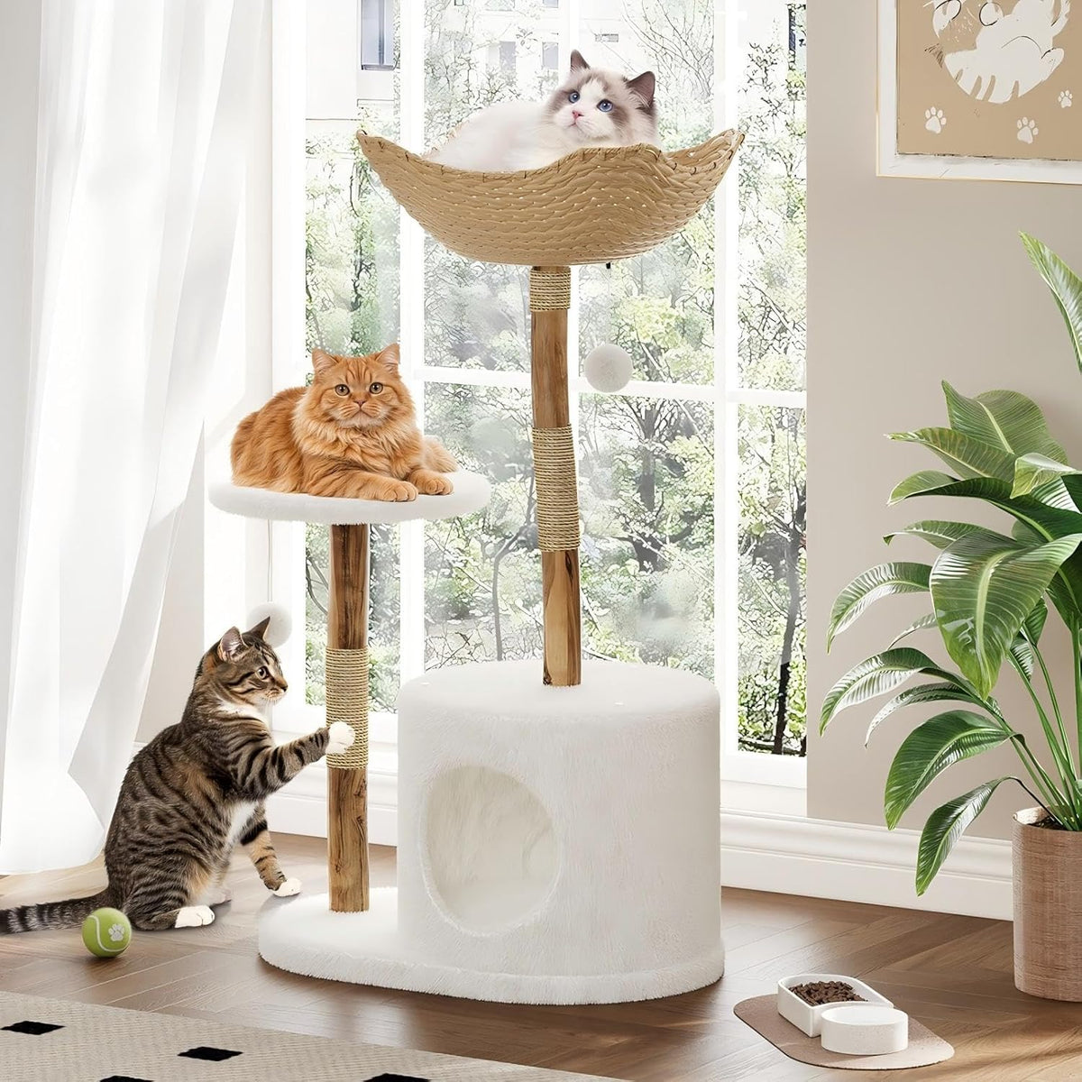 Modern Wood Cat Tree Tower for Large Cats | Luxury Solid Pear Wood Condo with Platforms, Scratching