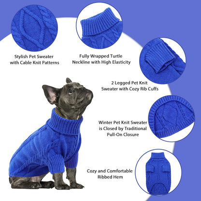 Queenmore Small Dog Pullover Sweater, Cold Weather Cable Knitwear, Classic Turtleneck Thick Warm