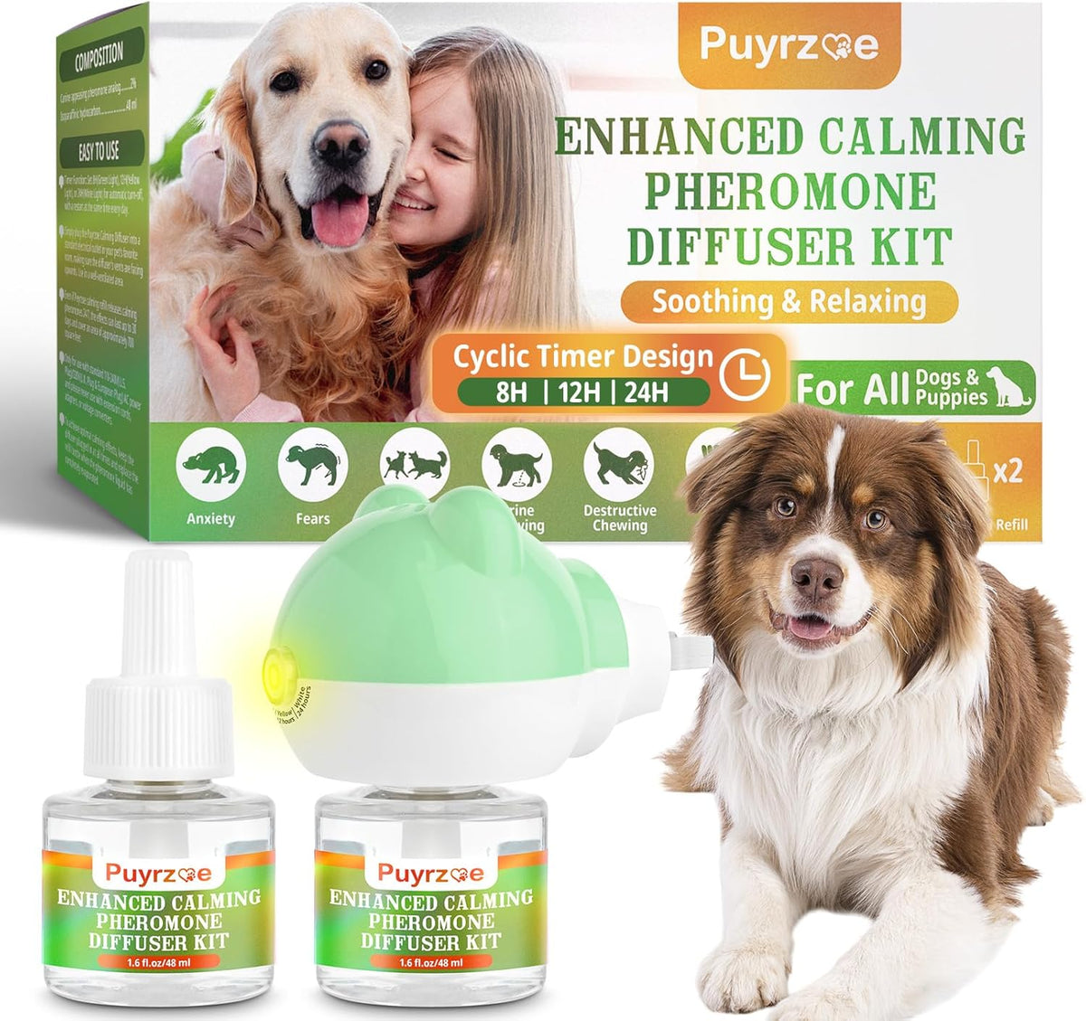 Dog Calming Diffuser with 3 Timing Functions, 3-in-1 Dog Anxiety Relief Diffuser Kit, 120-Day