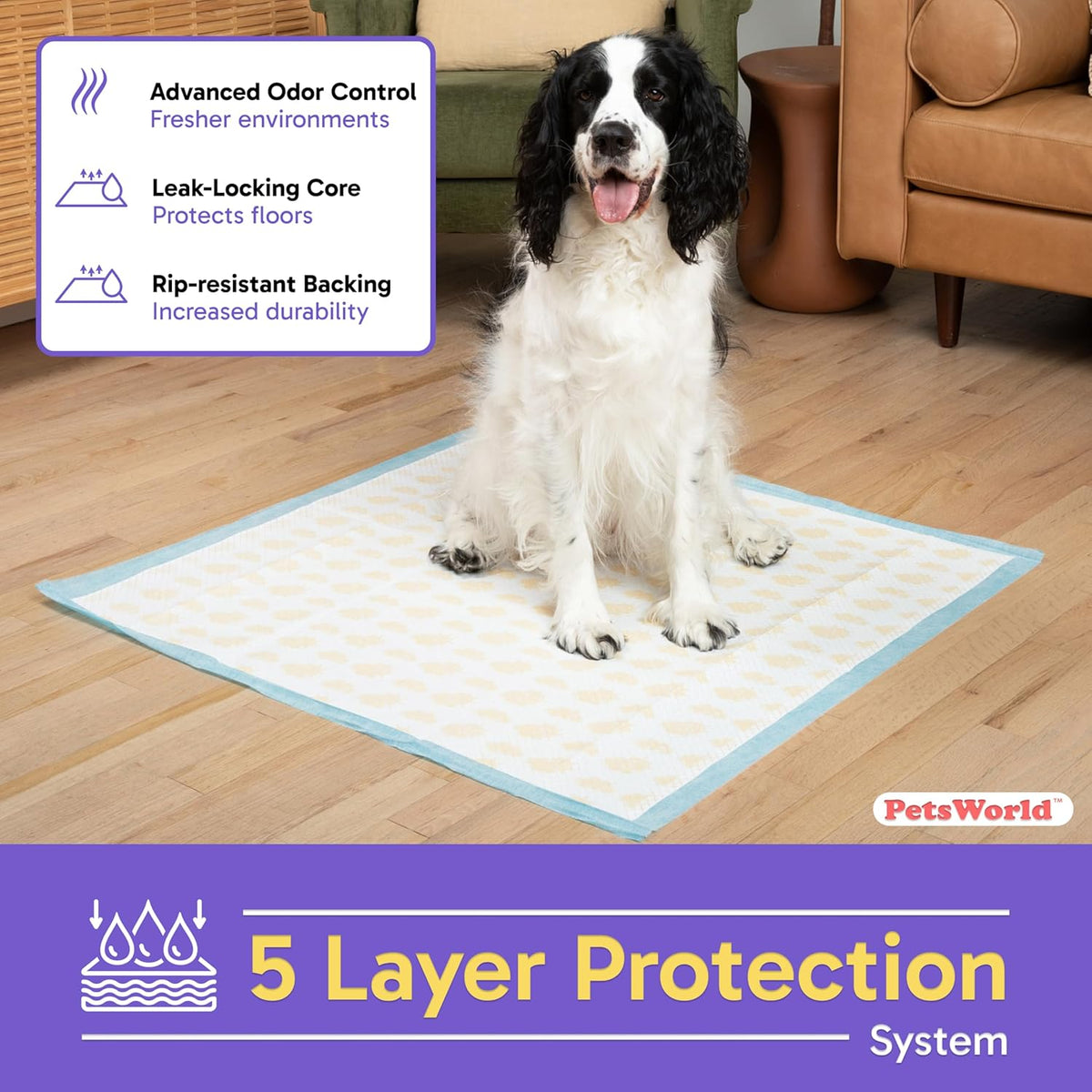 PETSWORLD Giant Dog Potty Pads, Odor-Eliminating, 36" x 36", Ultra Absorbent 5-Layer Leak-Proof
