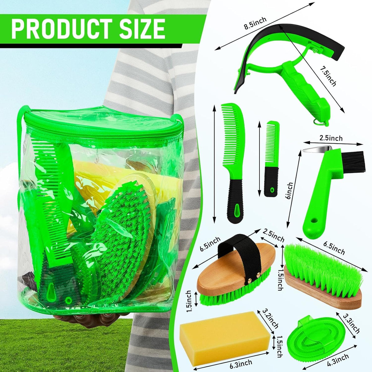 9 Pieces Horse Grooming Kit Tack Room Supplies Set with Organizer Tote Bag, Oval Massage Curry