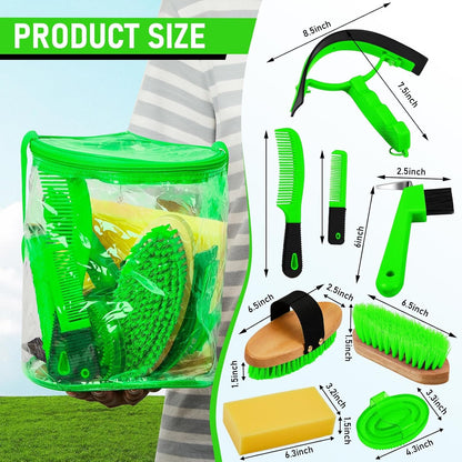 9 Pieces Horse Grooming Kit Tack Room Supplies Set with Organizer Tote Bag, Oval Massage Curry