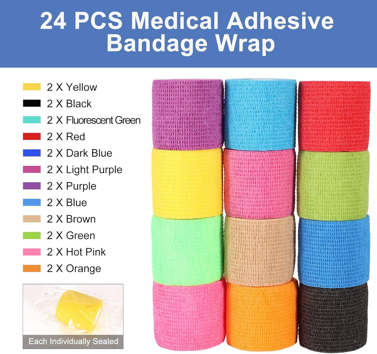 LDIWEE 24 Pack Self Adhesive Bandage Wrap 2 Inch, Vet Wrap for Dogs & Horses, Elastic Cohesive Tape