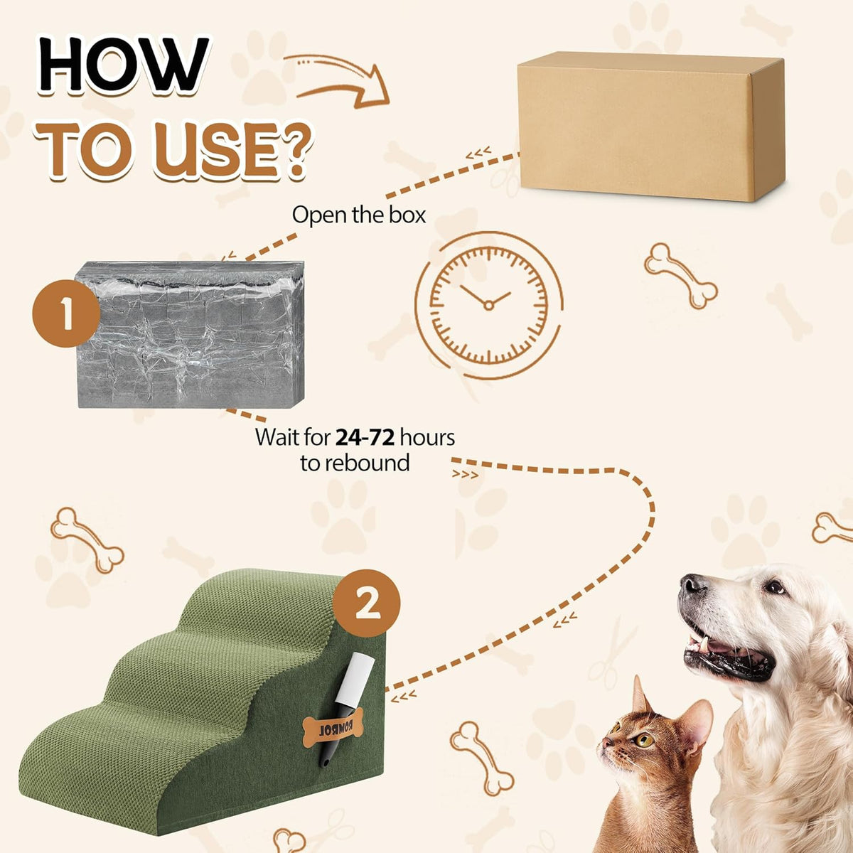 Romrol Dog Stairs Ramp for High Beds Couches, High Density Foam Pet Steps with Durable Non-Slip