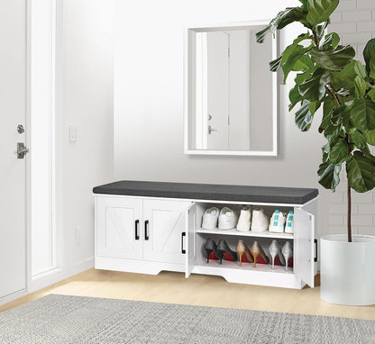 2-Tier Storage Bench, Shoe Bench with Padded Seat Cushion, Entryway Bench with 4 Barn Doors