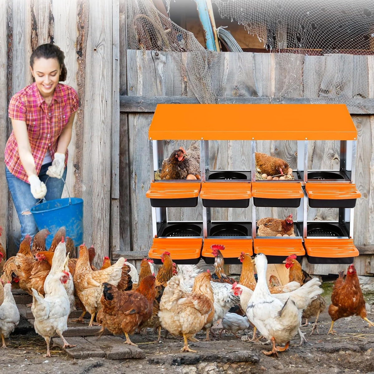 Chicken Nesting Boxes, 8 Hole Metal Chicken Laying Box with with Removable Trays and Roll Out Egg