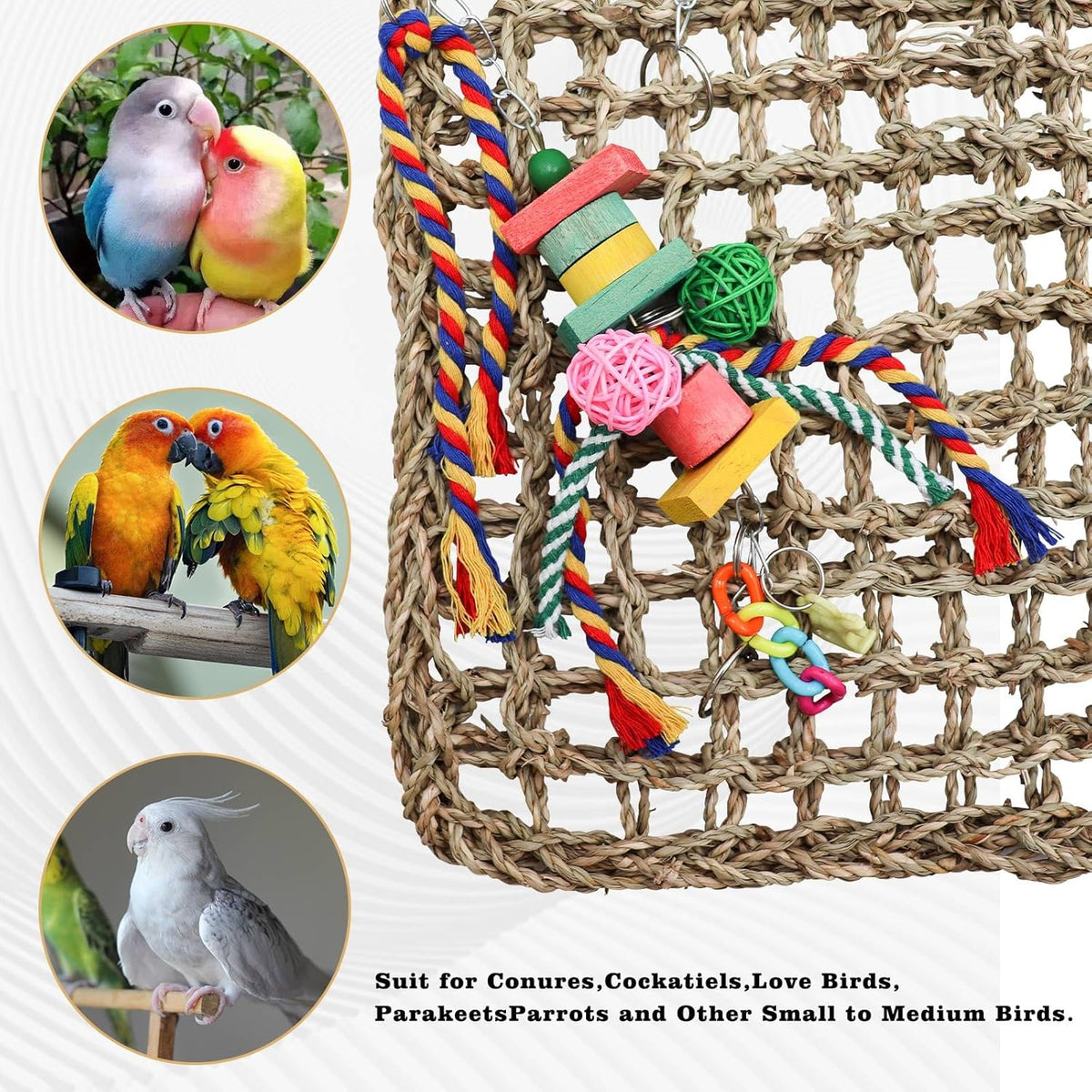 Large Bird Swing Toys, Colorful Parrot Seagrass Mat Hammock with Blocks, Bird Foraging Toy, Bird
