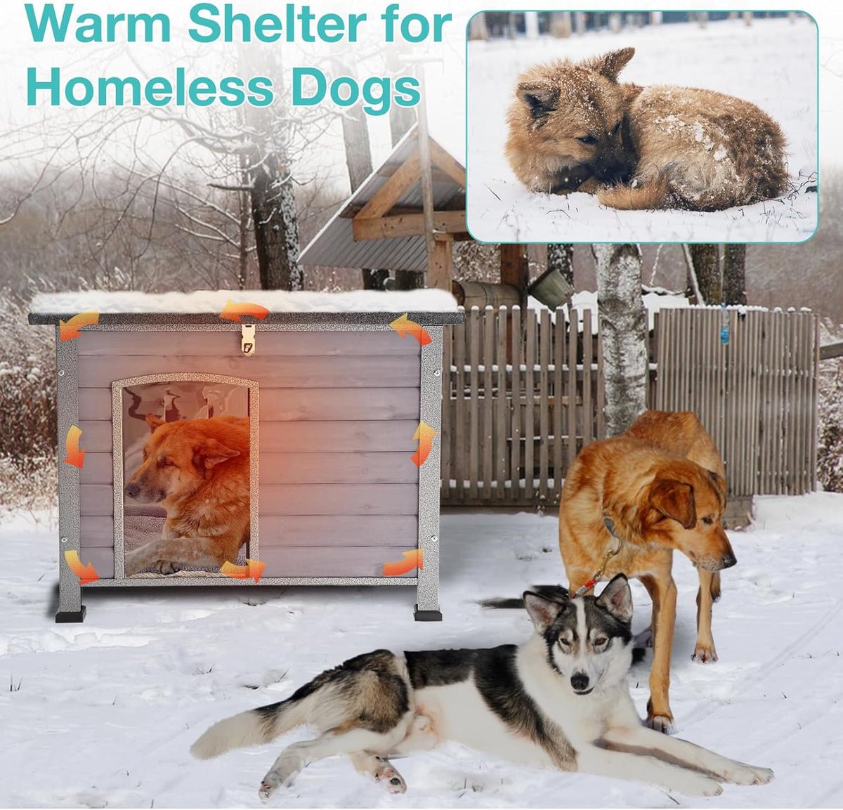 Feral Dog House Outdoor,Anti Bite Iron Frame Dog Kennel,Wood Warm Pets Home,Insulated Weatherproof