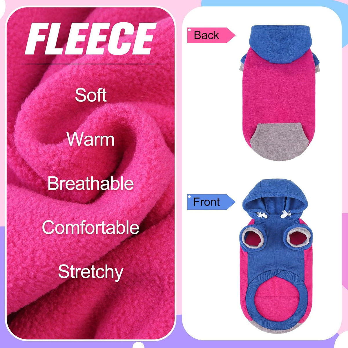 BEAUTYZOO Fleece Dog Hoodie Sweatershirt with Pocket and Leash Hole, Stretchy Small Medium Large