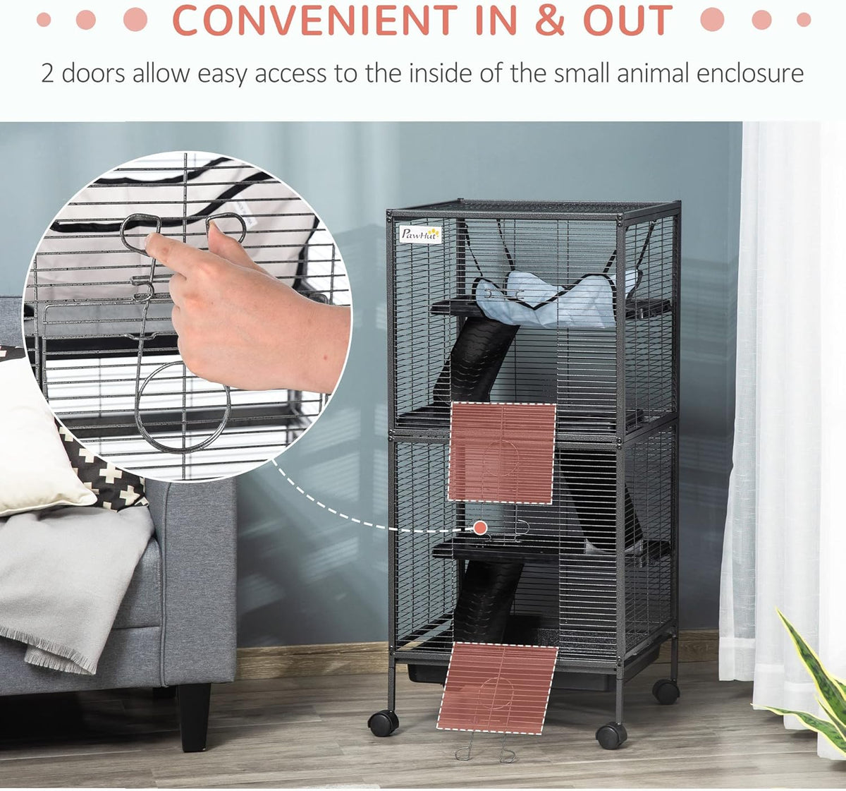 PawHut Metal Small Animal Cage, 4-Tiers Rolling Big Ferret Cage with Hammock, Removable Tray, for