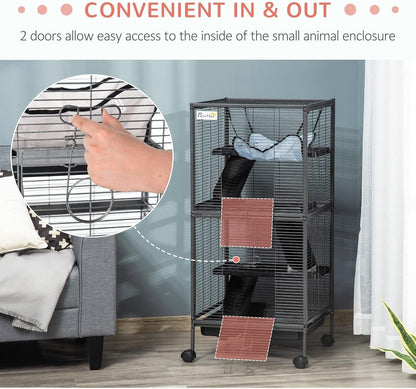 PawHut Metal Small Animal Cage, 4-Tiers Rolling Big Ferret Cage with Hammock, Removable Tray, for