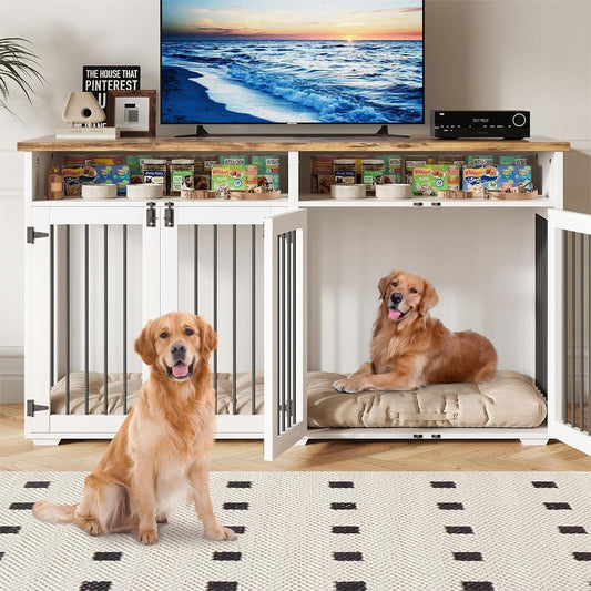 63'' Dog Crate Furniture for 2 Dogs, Wooden Dog Cage with Storage Compartment, Indoor Dog Kennel
