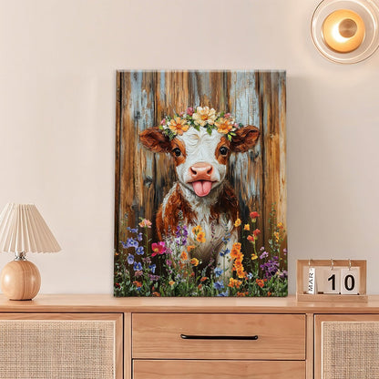 Funny Cow Bathroom Pictures Wall Art, Rustic Brown Cute Cow Bathroom Wall Decor, Farmhouse Floral