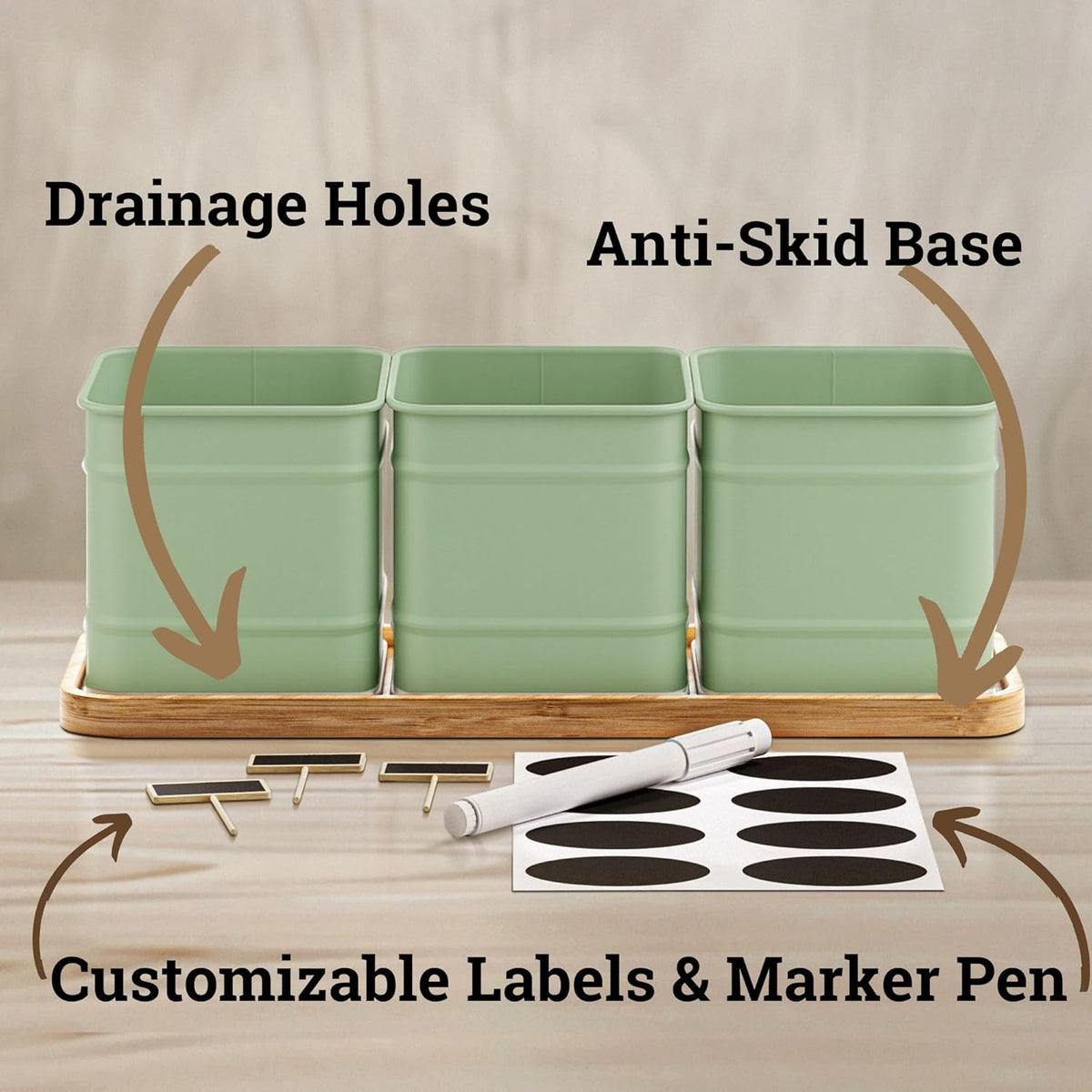 Herb Planter Indoor - 3 Iron Herb Pots with Drainage Holes, Varnished Bamboo Tray, Customizable