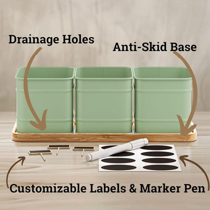 Herb Planter Indoor - 3 Iron Herb Pots with Drainage Holes, Varnished Bamboo Tray, Customizable