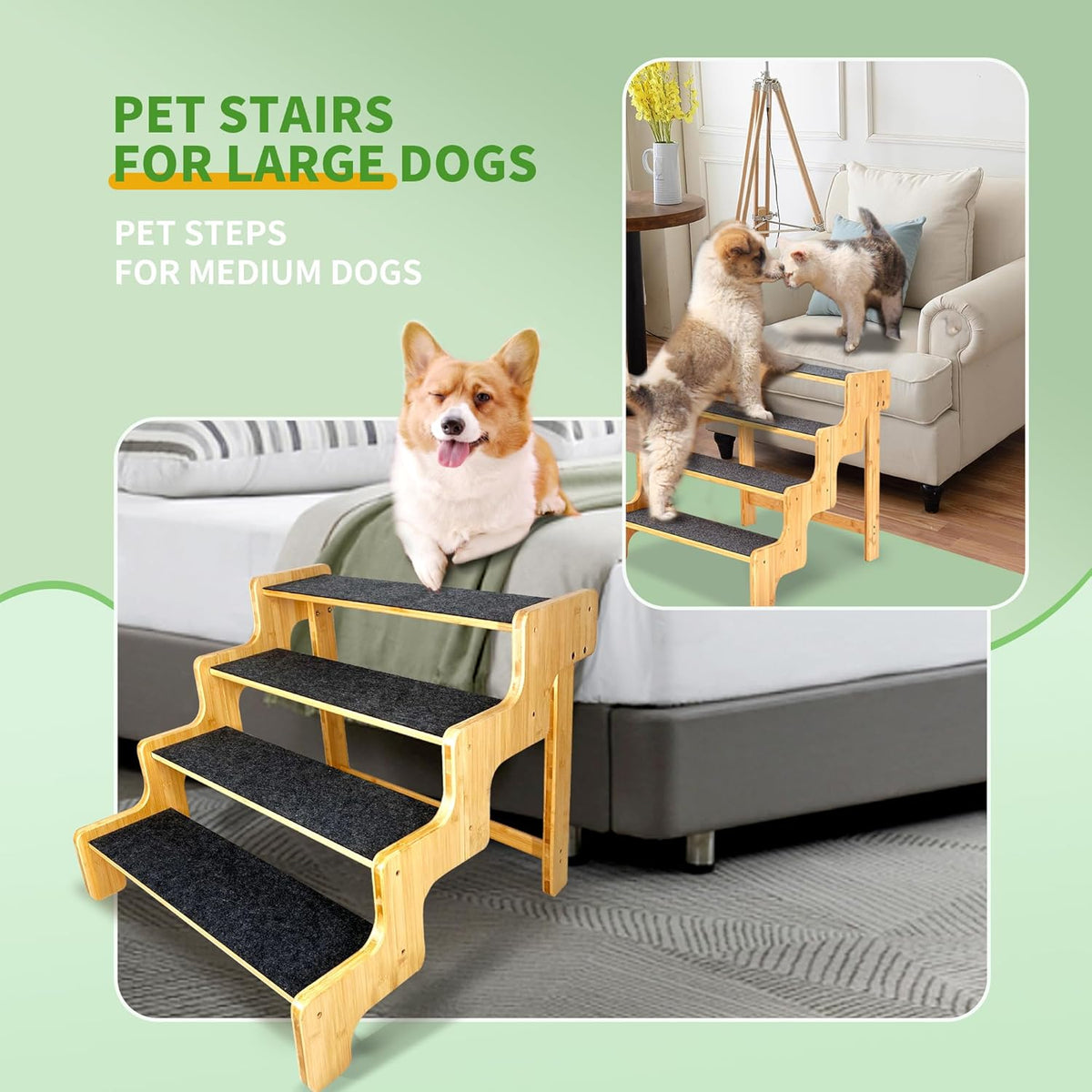 Dog Stairs for Small Dogs,3-Step Bamboo Wooden Dog/Pet/Cat Steps Ramp for Couch Sofa,Bed and Car