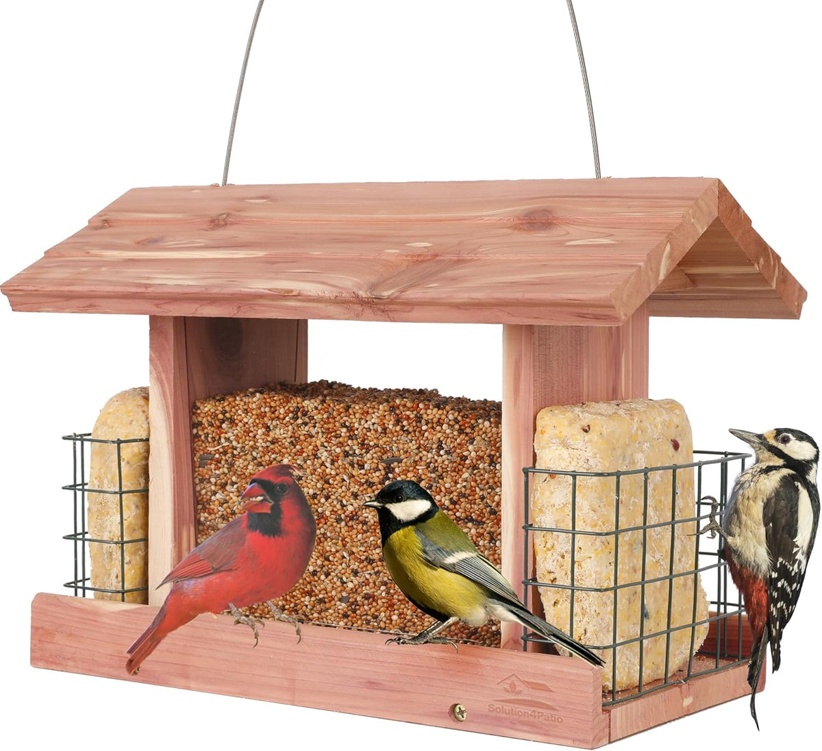 Solution4Patio US Cedar Hopper Bird Feeder for Outdoors Hanging, Handcrafted Wood Double Suet Cage