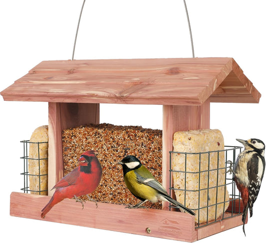 Solution4Patio US Cedar Hopper Bird Feeder for Outdoors Hanging, Handcrafted Wood Double Suet Cage