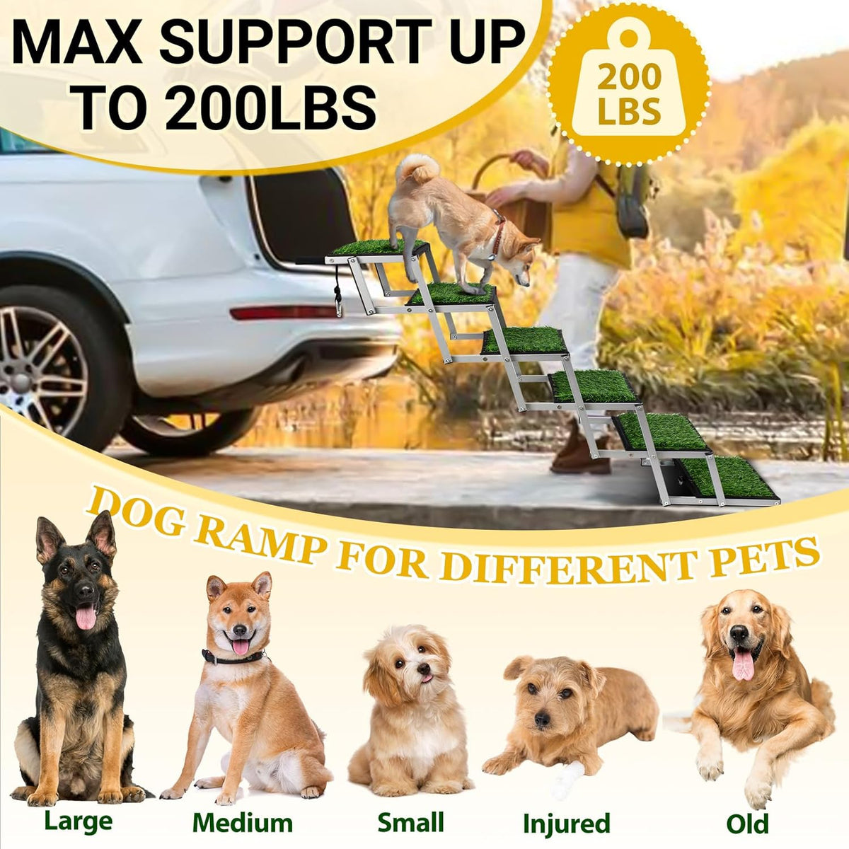 Dog Stairs for Car, Portable Folding Dog Ramps,Dog Steps for Large Dogs with Non-Slip Grass Rug for