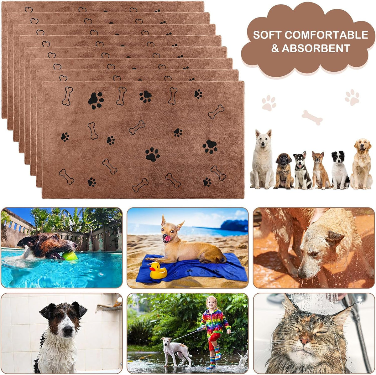 Chumia 8 Pcs Dog Towels for Drying Dogs Cats Pet Towels Bulk Puppy Microfiber Quick Drying Paw Bath
