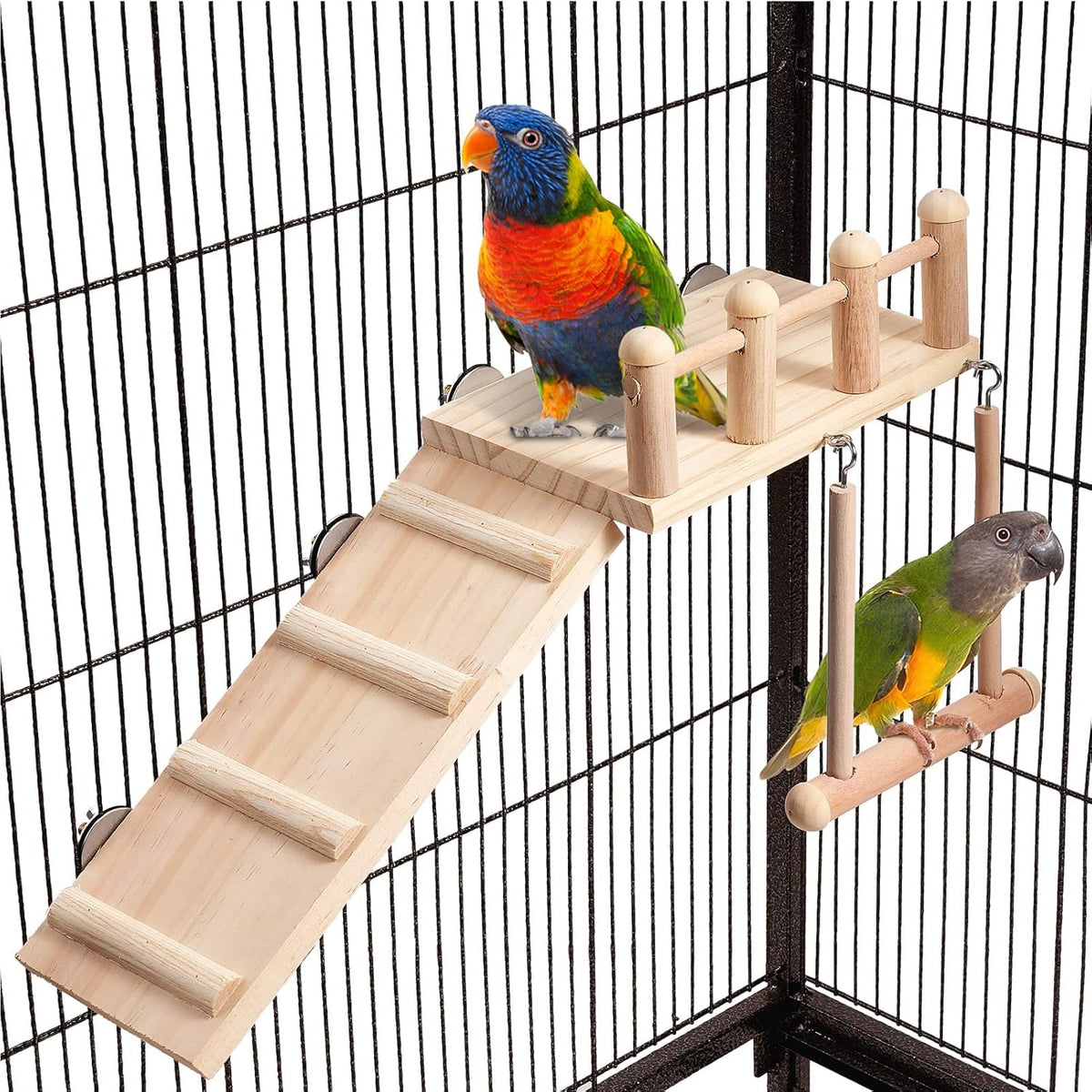 Bird Perches Platform Swing with Climbing Ladder, Parakeet Cage Accessories Wooden Playing Gyms