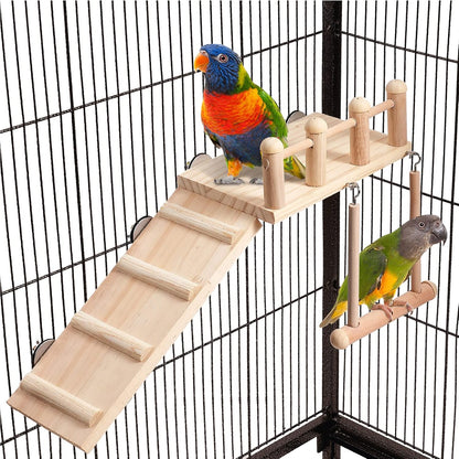 Bird Perches Platform Swing with Climbing Ladder, Parakeet Cage Accessories Wooden Playing Gyms