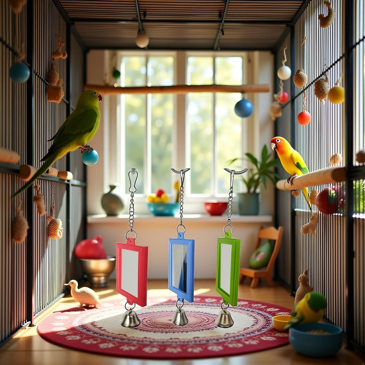 1Pc Random Color Pet Bird Mirror with Bell Interactive Parrot Toys for Budgies Parakeets Conures