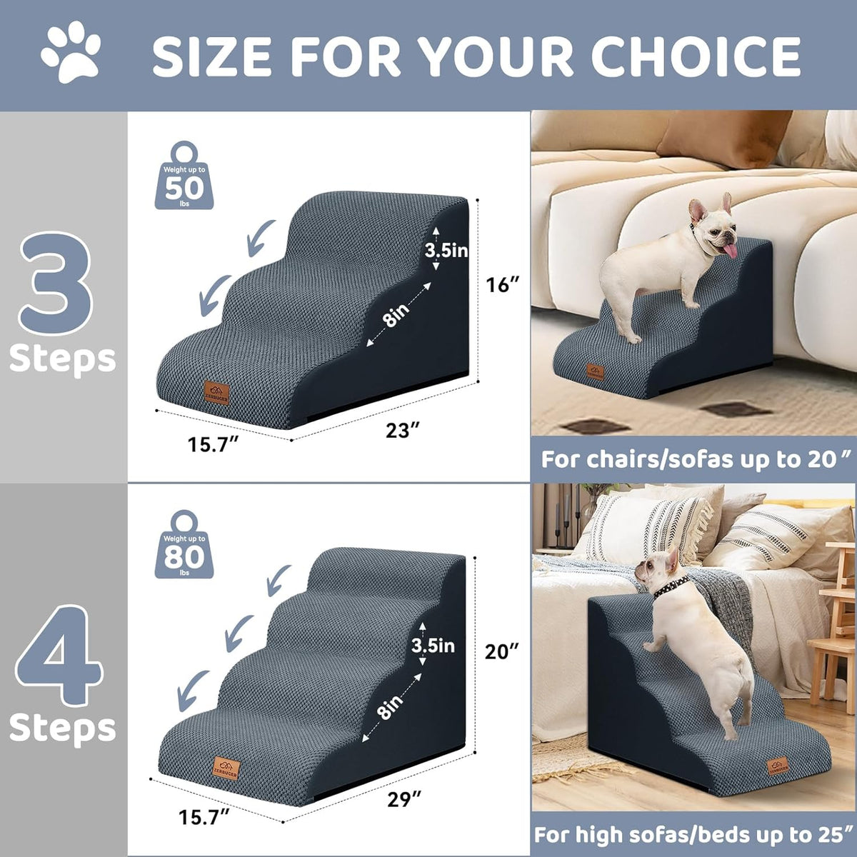 Dog Ramp and Stair for Bed 16" H-20 H,3-Step Cat Stair for Sofa and Chair,4-Step Dog Ramp for High