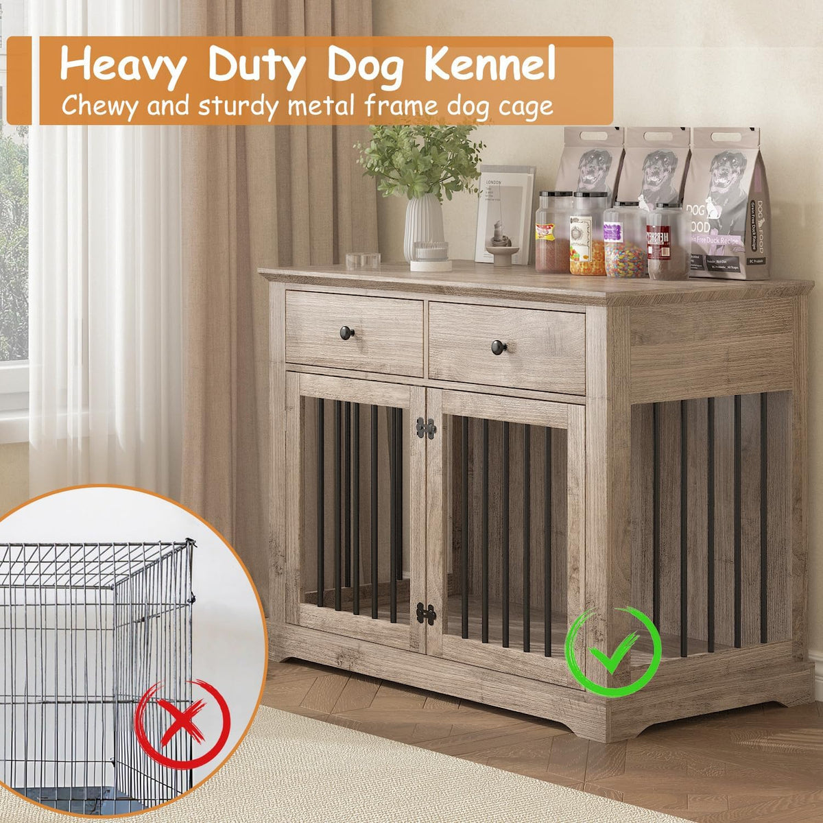 Dog Crate Furniture, 44 Inch Wooden Dog Kennel Indoor with 2 Storage Drawers, Heavy Duty Large