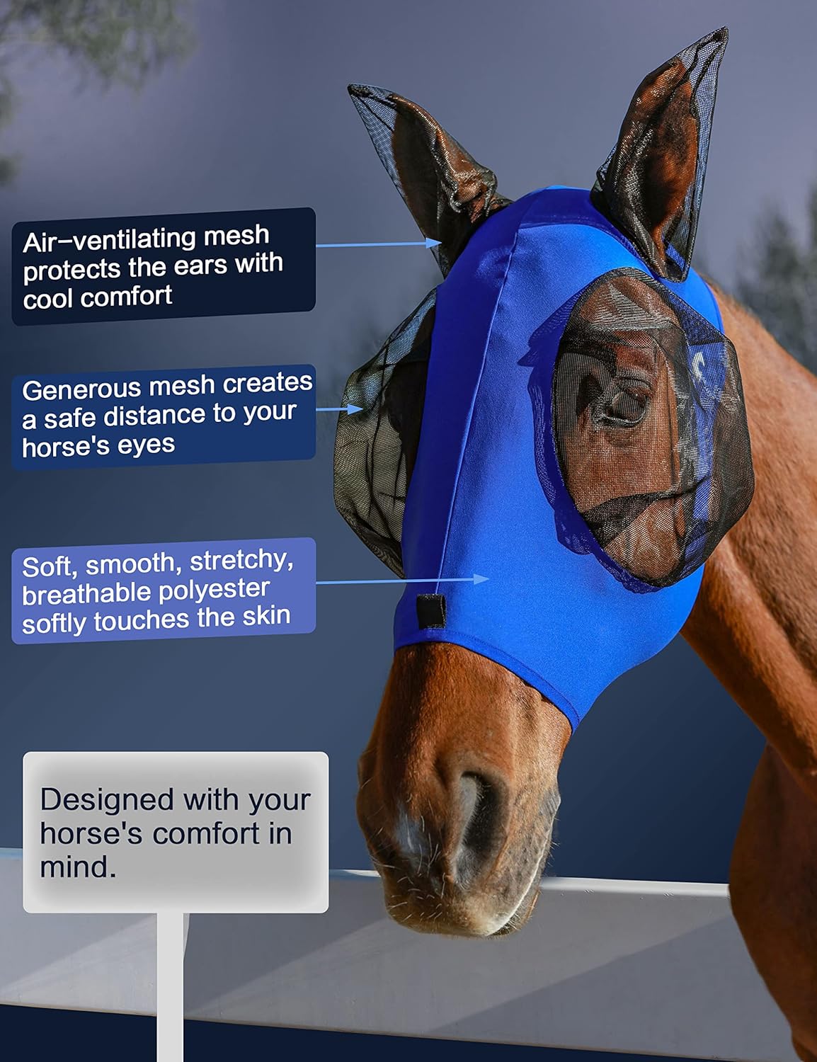 Horse Fly Mask with Ears, UV Protection Mask for Horses, Elasticity Mask with Big Mesh Eye Covers