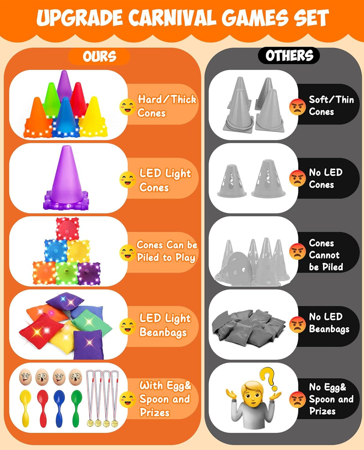 Eocolz 49PCS Carnival Games Outdoor Combo Set for Kids with LED Light, Plastic Cones Obstacle