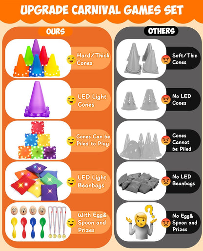 Eocolz 49PCS Carnival Games Outdoor Combo Set for Kids with LED Light, Plastic Cones Obstacle