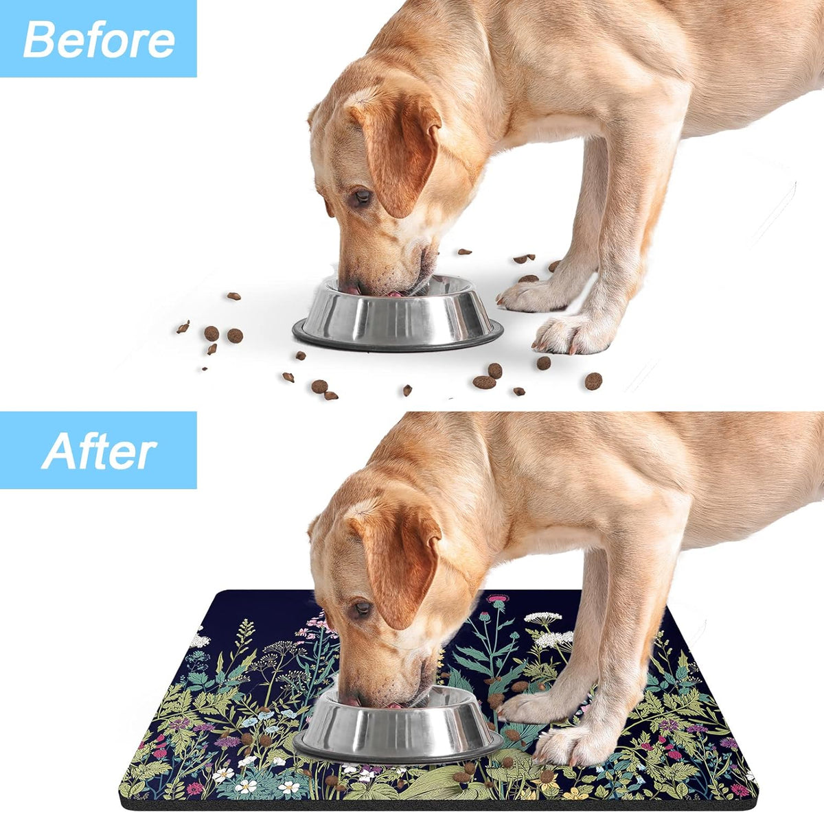 Rnivvi Dog Food Mat, 12" x 19" Flower Absorbent Dog Cat Bowl Mat for Food and Water, Cute Anti-Slip