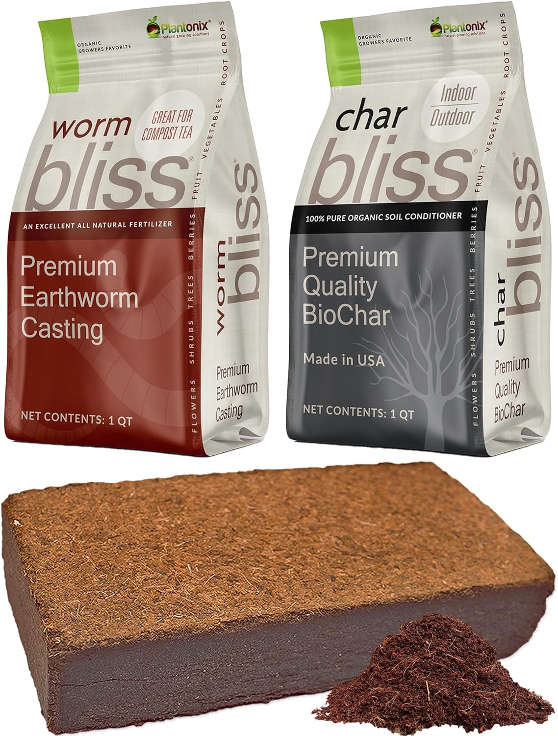 Coco Coir Brick (650gms) + Worm Bliss (1 Qt) + Char Bliss (1 Qt) - Organic Coco Coir for Plants