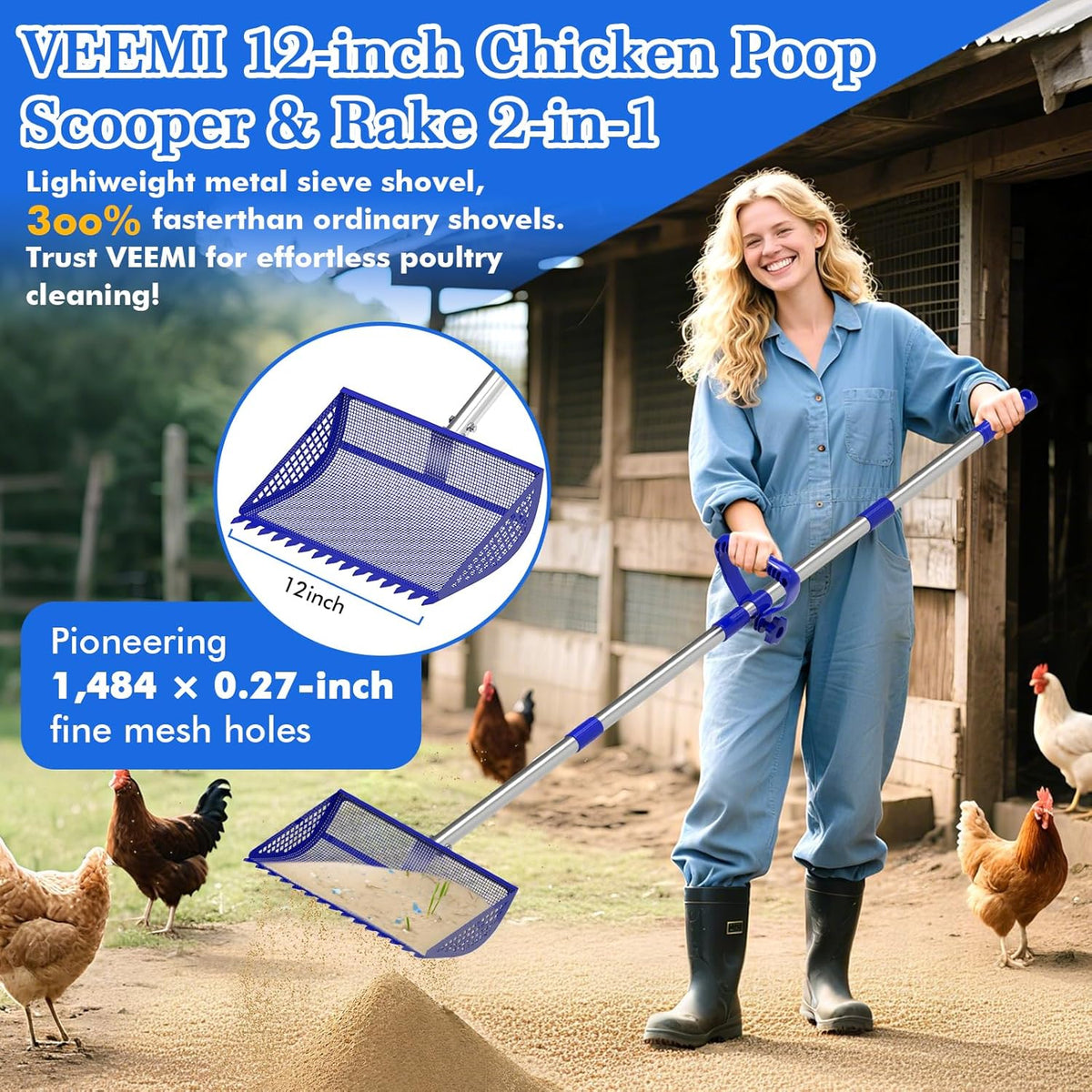 12 Inch Chicken Poop Scooper & Rake 2-in-1, Large Metal Shovel Head, Rubber Handle Stainless Steel