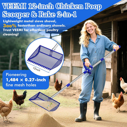 12 Inch Chicken Poop Scooper & Rake 2-in-1, Large Metal Shovel Head, Rubber Handle Stainless Steel