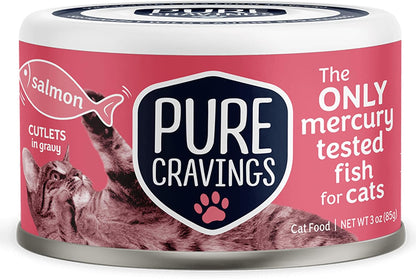 Wet Cat Food Canned Salmon Cutlets in Gravy, 100% Mercury-Tested, Moist Can Fish for Cats