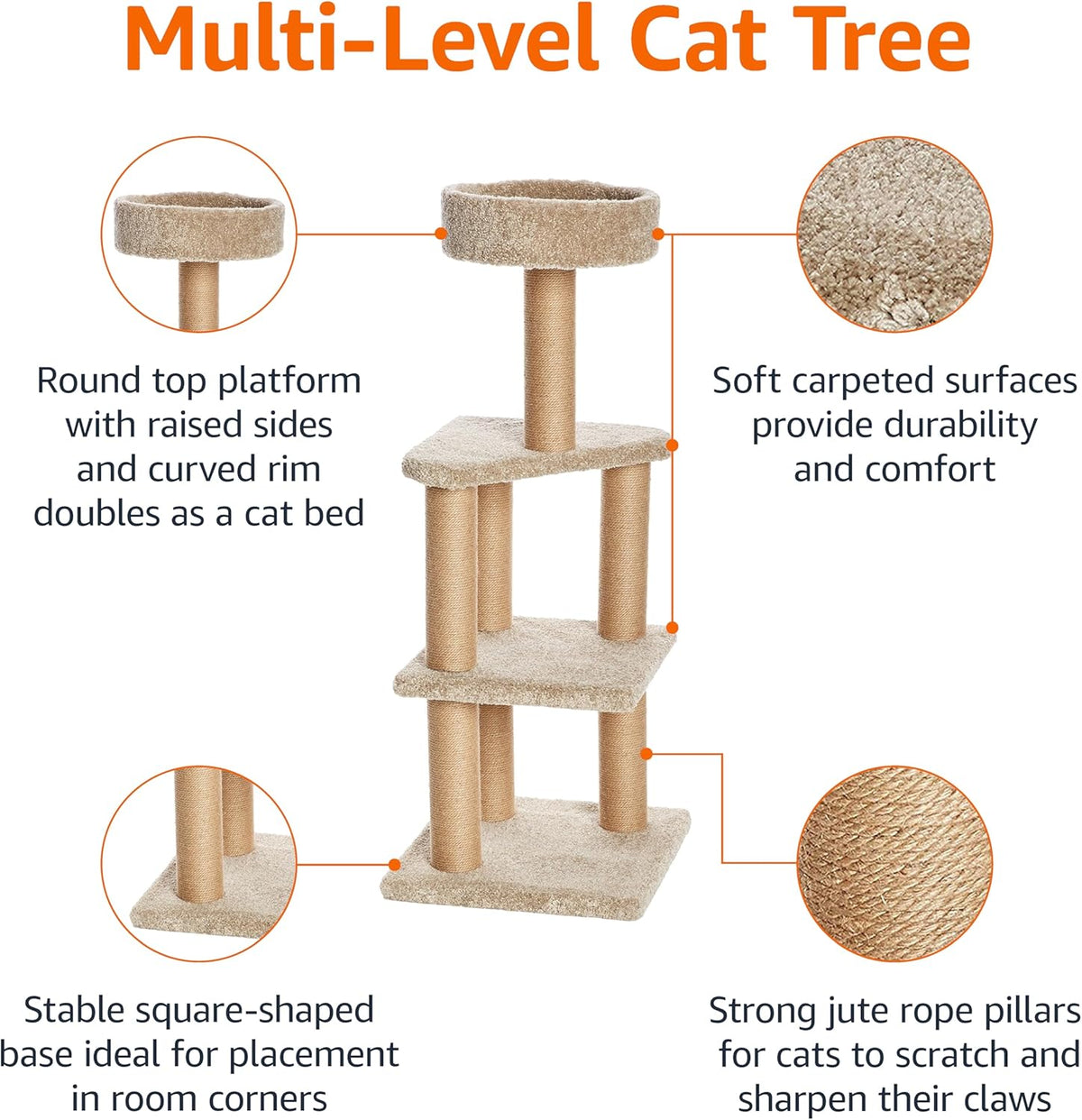 Amazon Basics Cat Tree - Indoor Cat & Kittens Multi-Level Climbing Activity Tower with Scratching