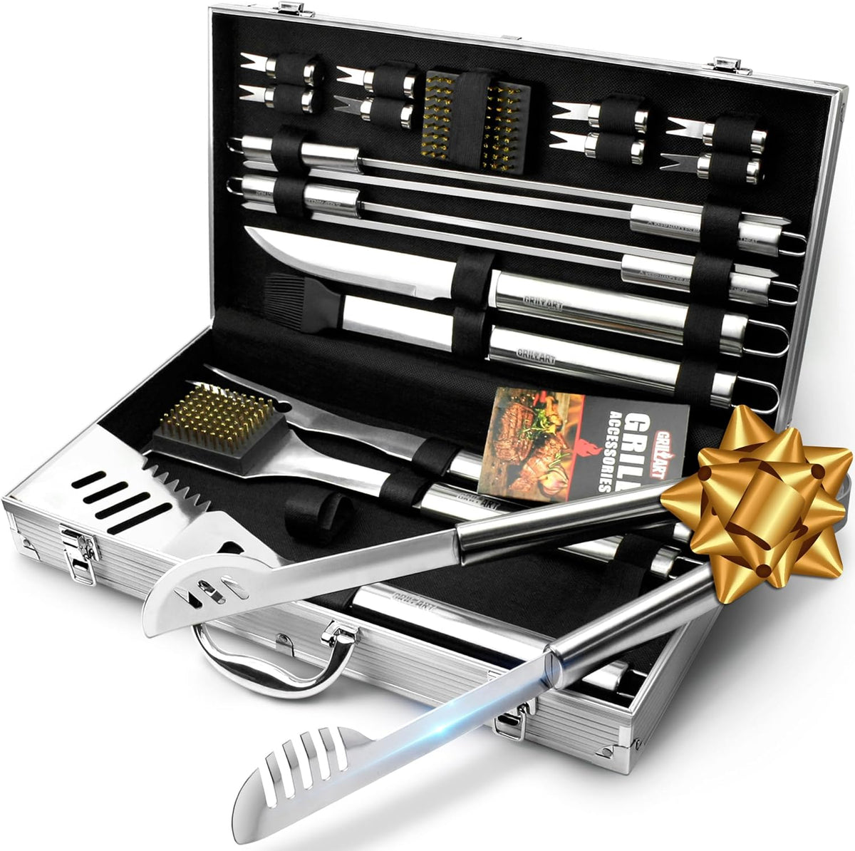 GRILLART BBQ Grill Utensil Tools Set Reinforced BBQ Tongs 19-Piece Stainless-Steel Barbecue