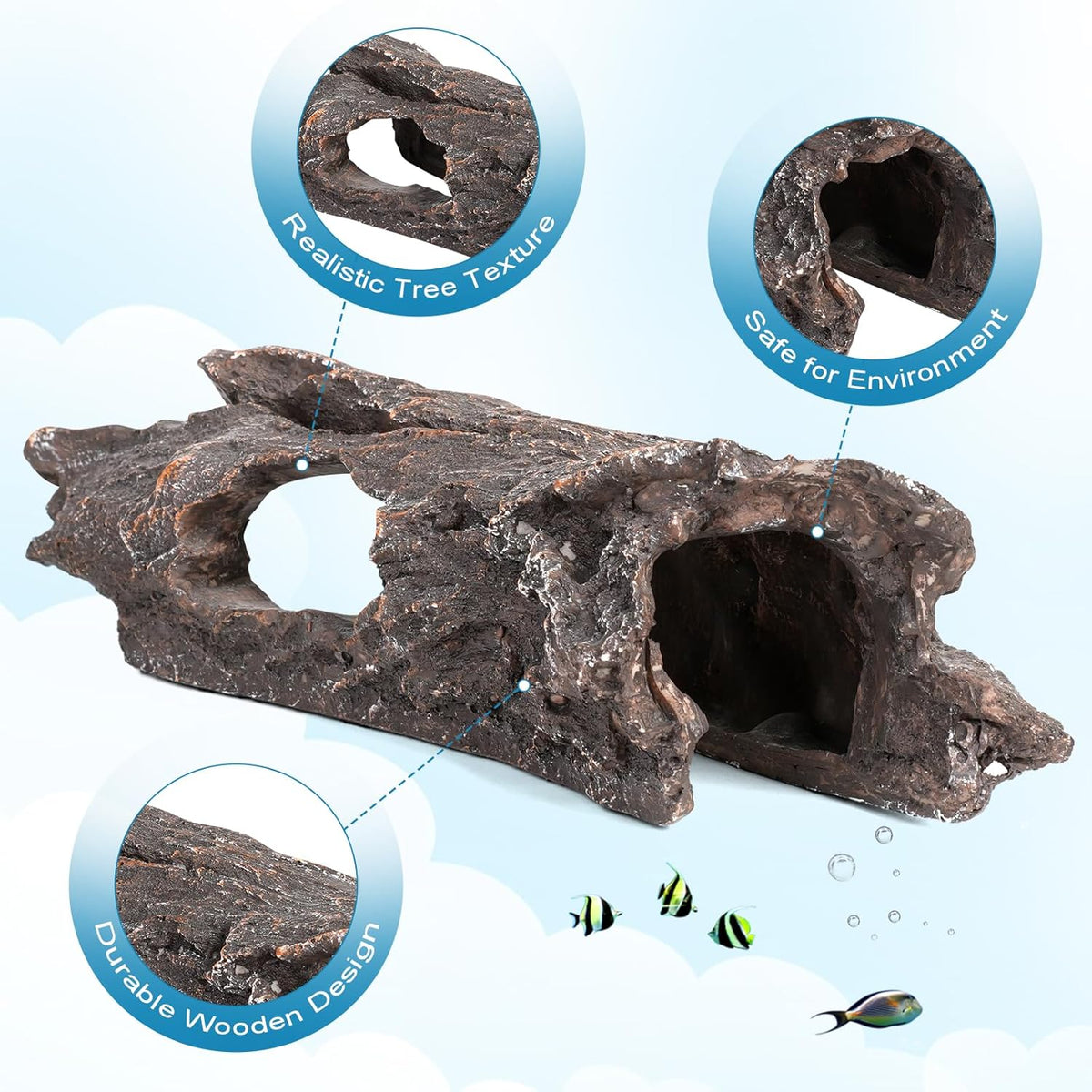 TRUVIC Fish Tank Decorations - Aquarium Cave Decor, Resin Hollow Tree Trunk Reptile Hide & Betta