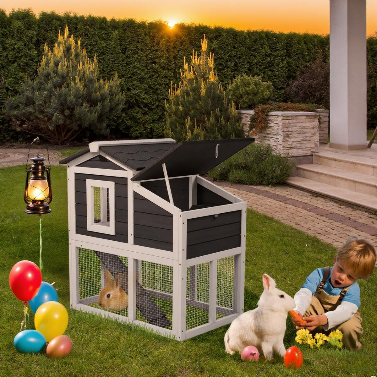 Bunny Cage Premium Rabbit Hutch with Leak-Proof Roof, 2-Story Bunny House for Guinea Pigs &