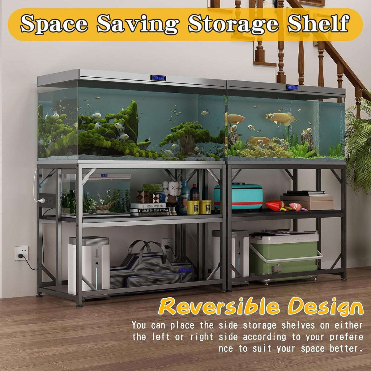 Sturdy Metal Aquarium Stand with Power Outlets, Adjustable Storage Cabinet - 660LBS Capacity, Black