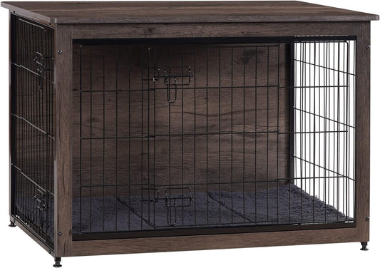 DWANTON Dog Crate Furniture with Cushion, Wooden Kennel Table with Double Doors, Indoor Dog House