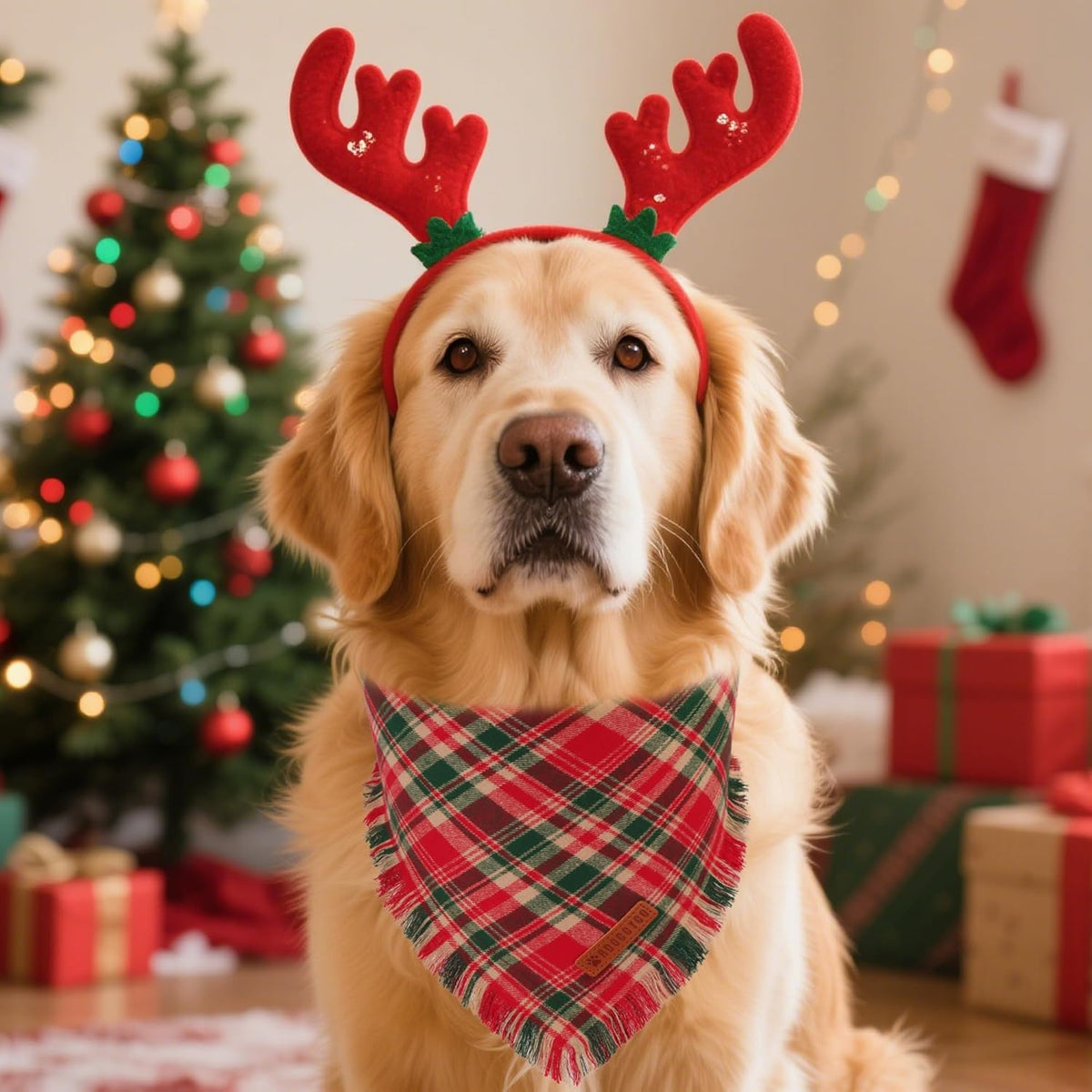 ADOGGYGO Christmas Dog Bandanas with Tassels Edges, Stylish Red Plaid Xmas Scarf, Multiple Sizes
