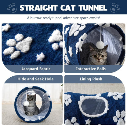 Straight Cat Tunnel for Indoor Cats 47"x12", Cute Cat Toys Collapsible Tunnel Tube with Balls for