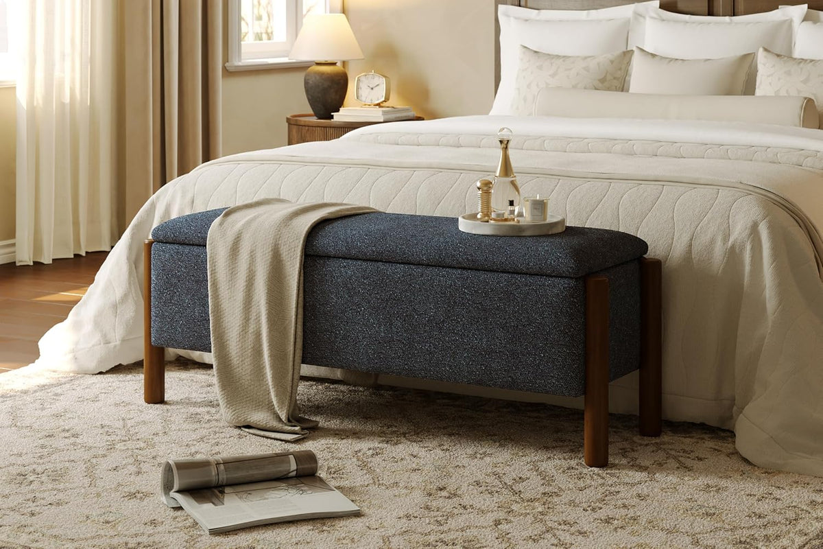 Modern Storage Benches with Walnut Wood Legs, 47'' Ottoman Bench with 20 Gallons Storage Space for